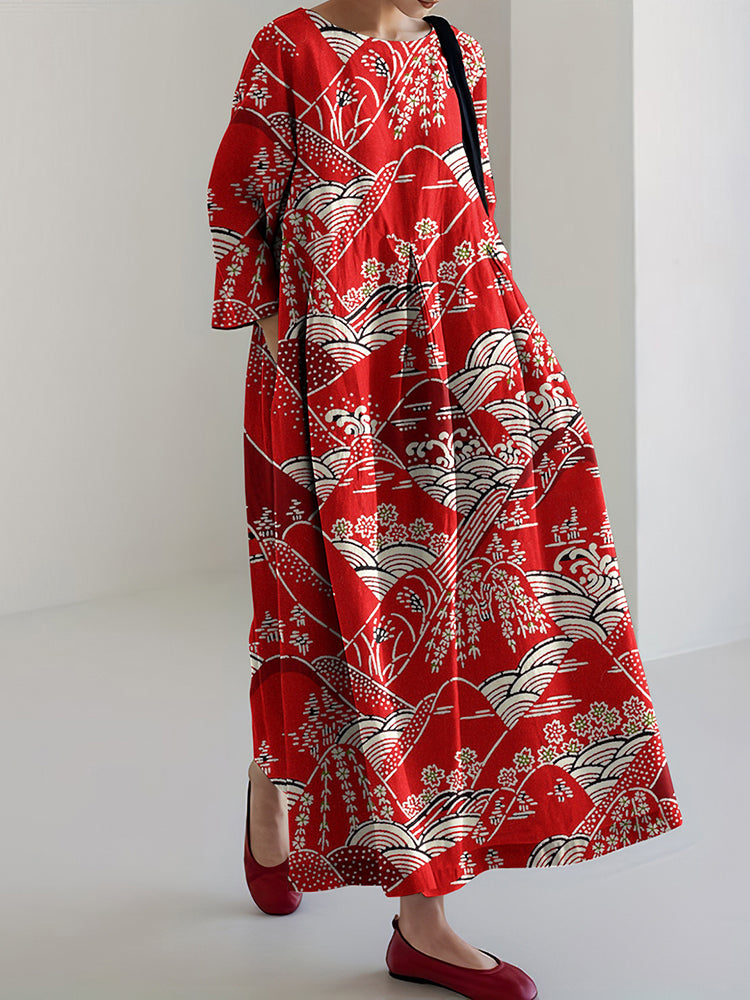 Japanese Art Print Casual Midi Dress