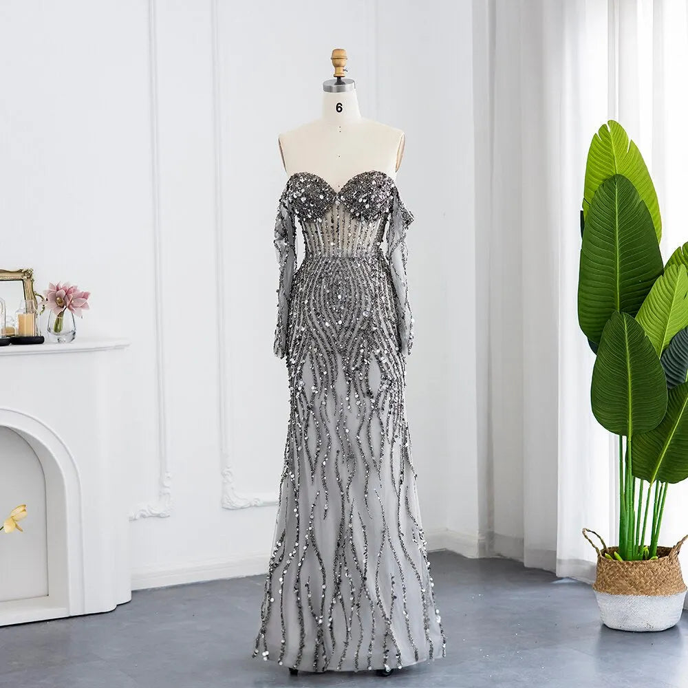 Dreamy Vow Luxury Dubai Gray Mermaid Evening Dress Elegant Off Shoulder Gold Prom Formal Dresses for Women Wedding Party 357