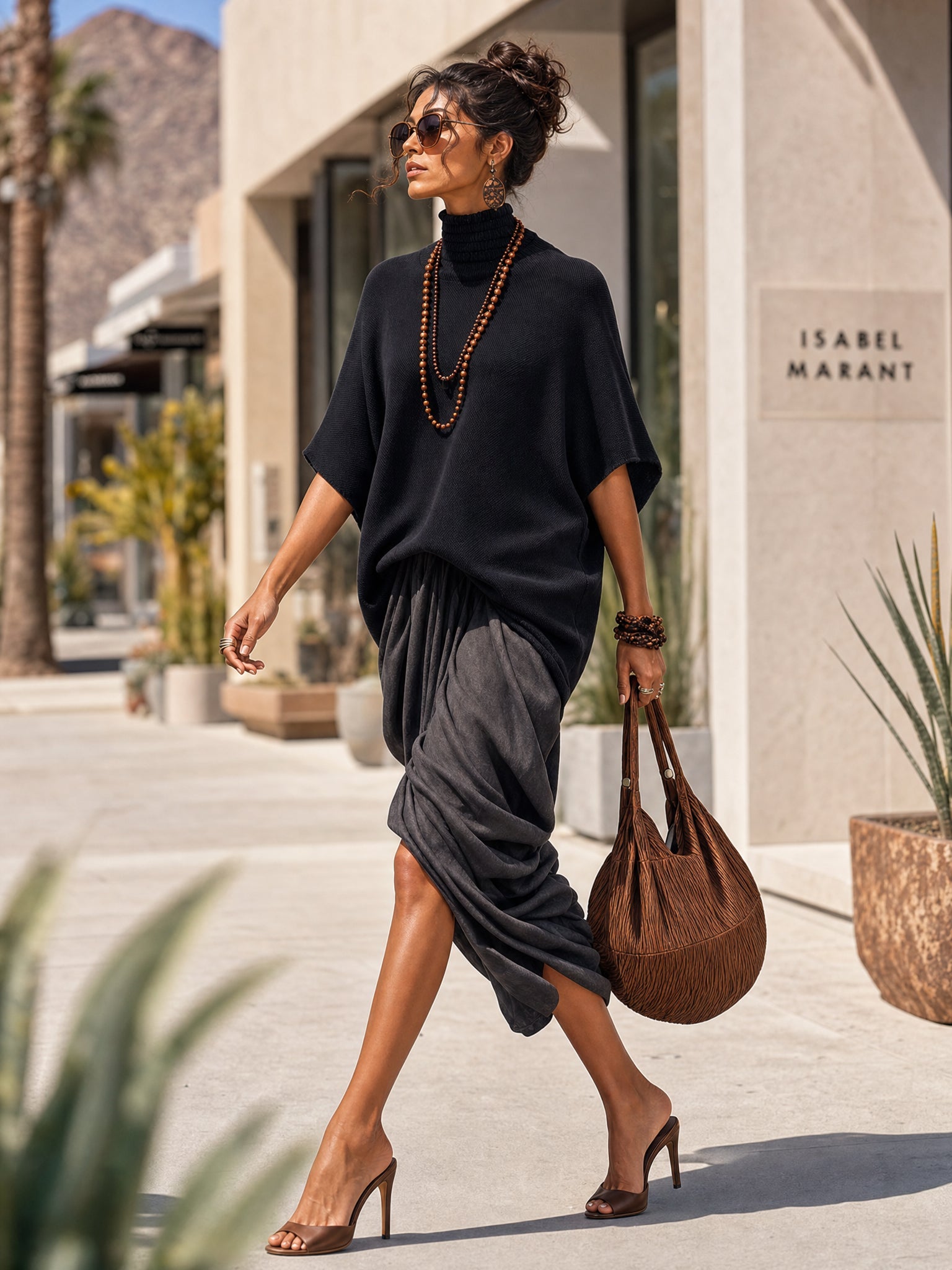Black Knit Top And Gray Linen Draped Skirt Set