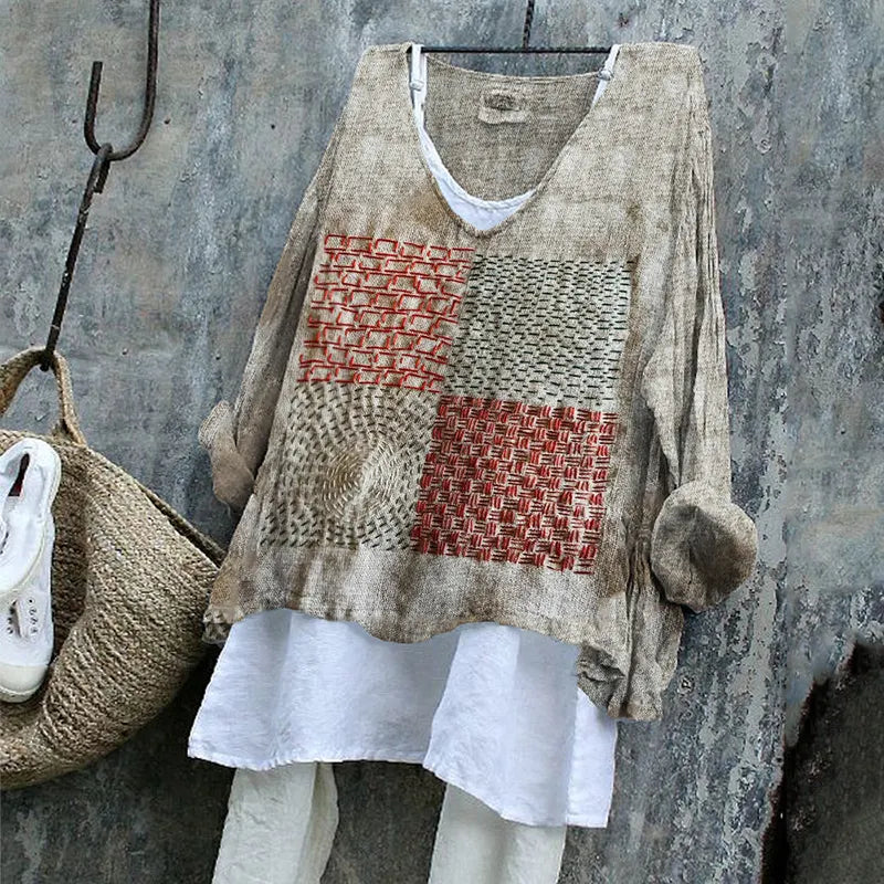 Geometric Japanese Sashiko Embroidered Art Linen Blend Tunic