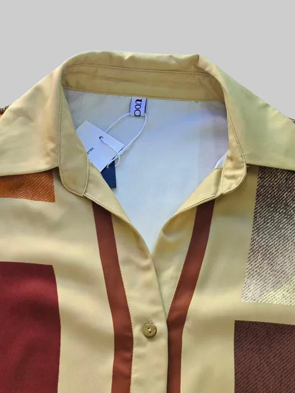 Long Sleeves Loose Buttoned Contrast Color Plaid Lapel Blouses&Shirts Tops