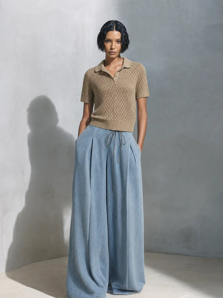 Women's Casual Chic Khaki Open-Knit Polo Sweater And Light Blue Drawstring Wide-Leg Denim Pants Two-Piece Set MDZ1521G5ZSQ