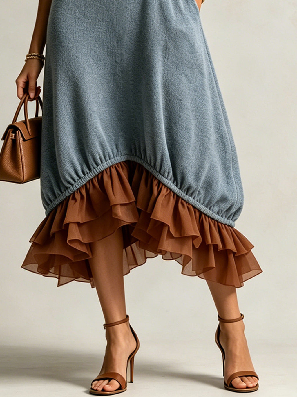 Blue Knit Midi Dress With Square Neckline And Ruffled Brown Hem