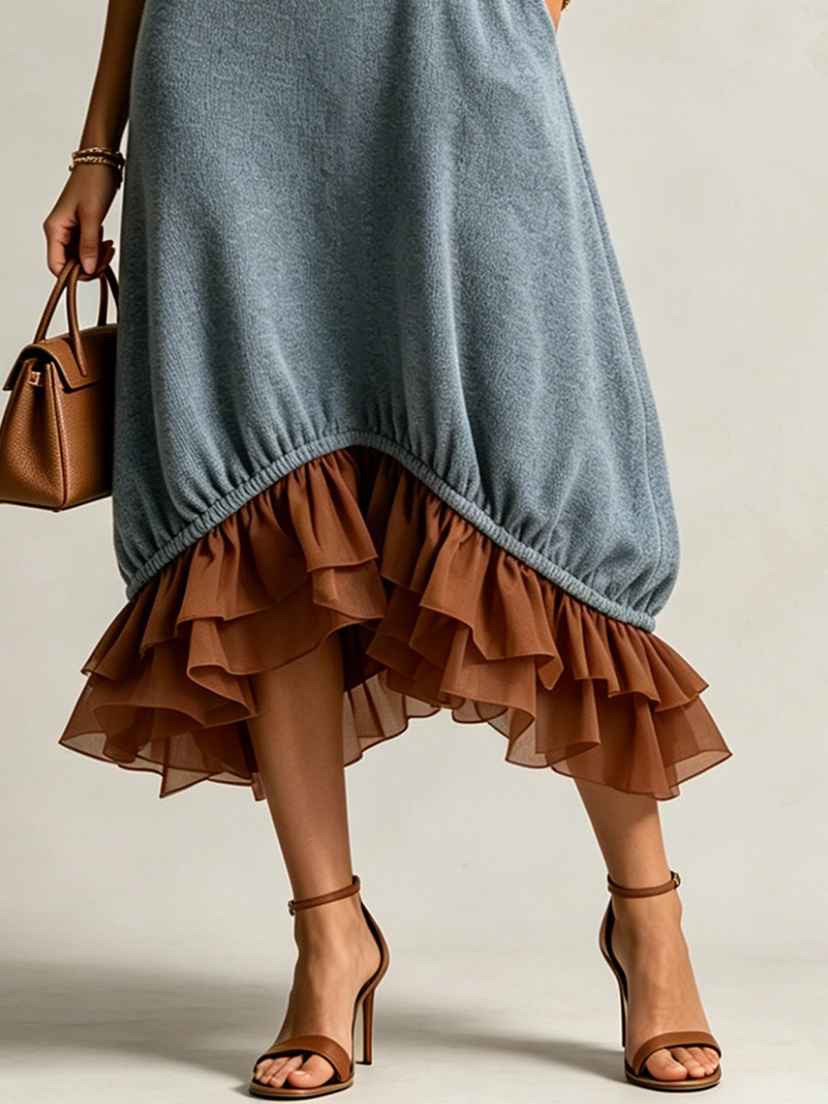 Blue Knit Midi Dress With Square Neckline And Ruffled Brown Hem