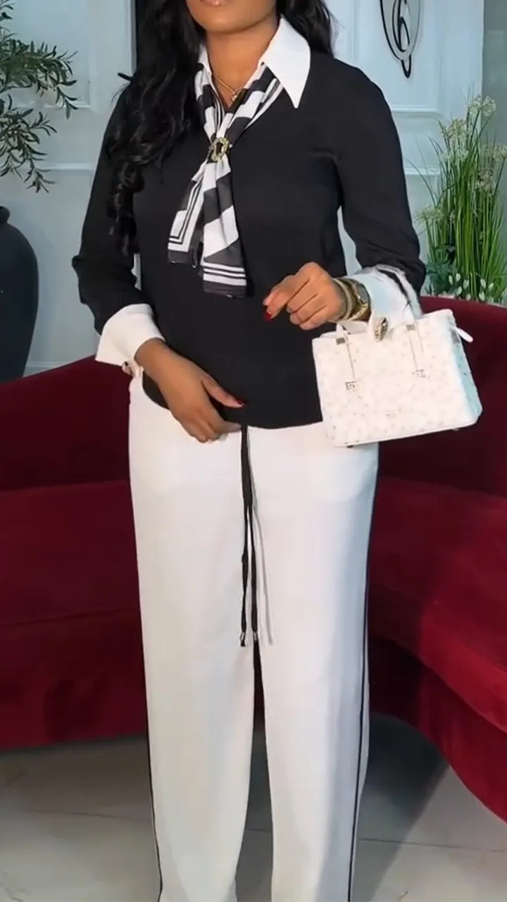 Women Collared Fake Two-piece Top + White Pants