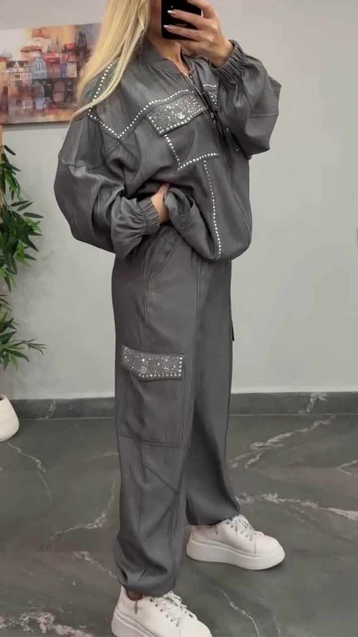 Women Round Neck Rivet Jacket+ Pants Casual Set
