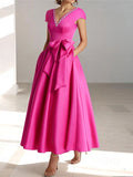 V-neck Solid Color Midi Dress