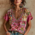 Women's Bohemian Floral Embroidery Art V-neck Linen Blend T-shirt