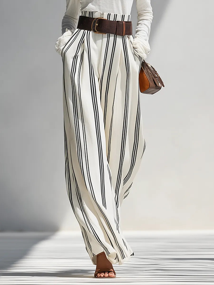 Women's Solid White Light Knit Co-Ord With One Shoulder Cutout Blouse & Pleated Striped Flow Palazzo Trousers, Modern Effortless-Chic Daily Casual Two-Piece Set (without Belt) MDZ0199G0LYL
