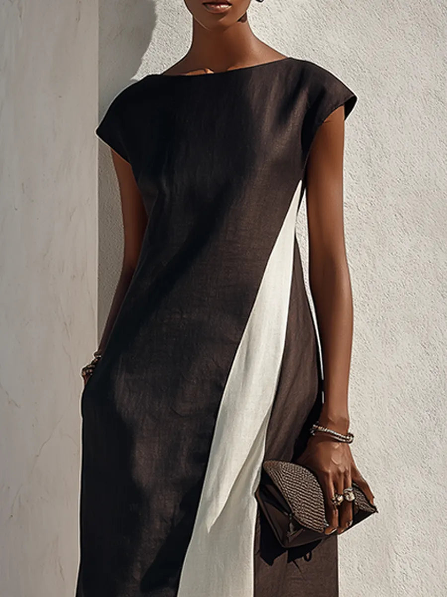 Women's Minimalist Black & White Color Block Cap Sleeve Maxi Dress MDZ1635G7ZRK