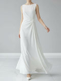 Sleeveless Gauze Pleated Solid Color Split-Joint Round-Neck Evening Dresses Maxi Dresses