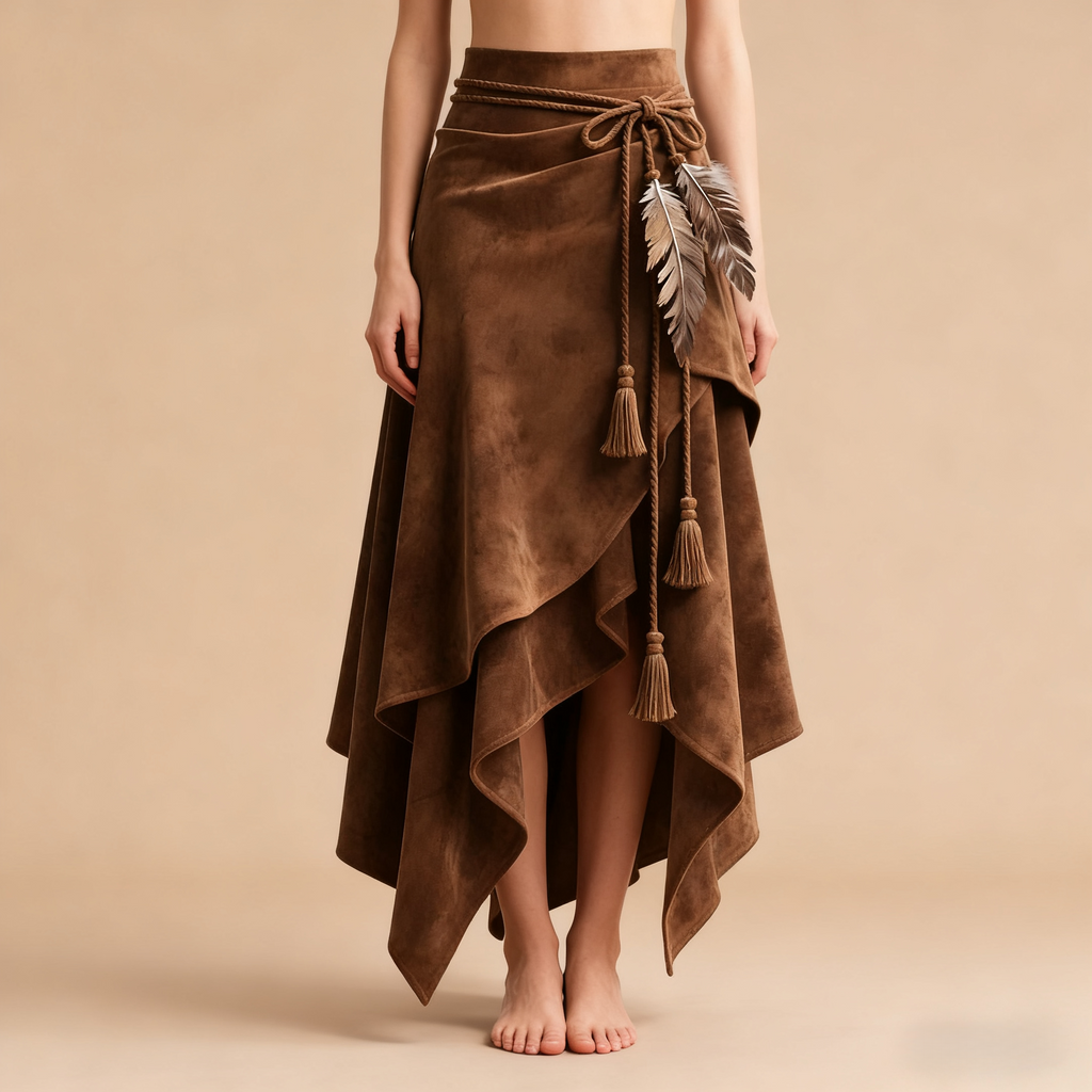Retro Western Style Irregular Design Suede Skirt