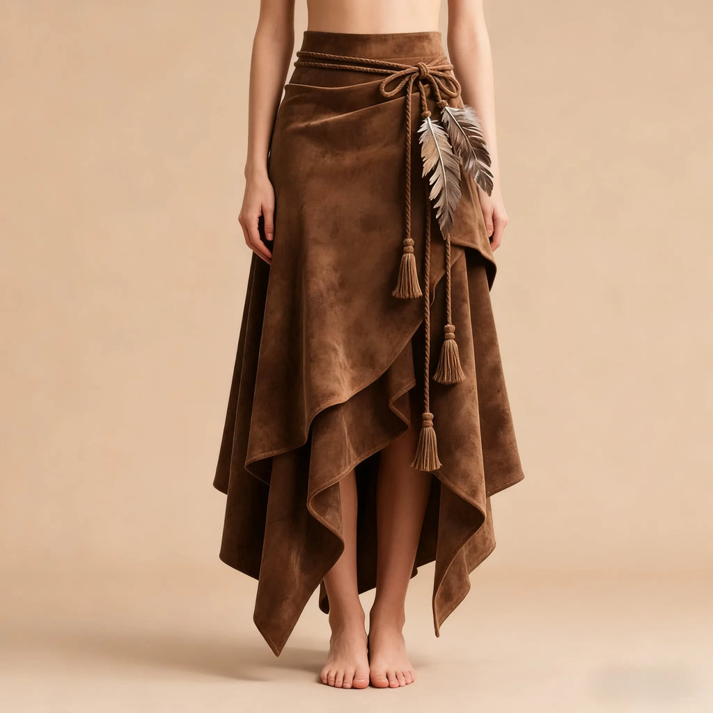 Brown Asymmetric Suede Wrap Skirt