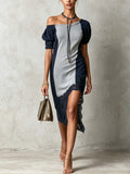 Gray Color Block One Shoulder Bodycon Midi Dress With Lace Trim