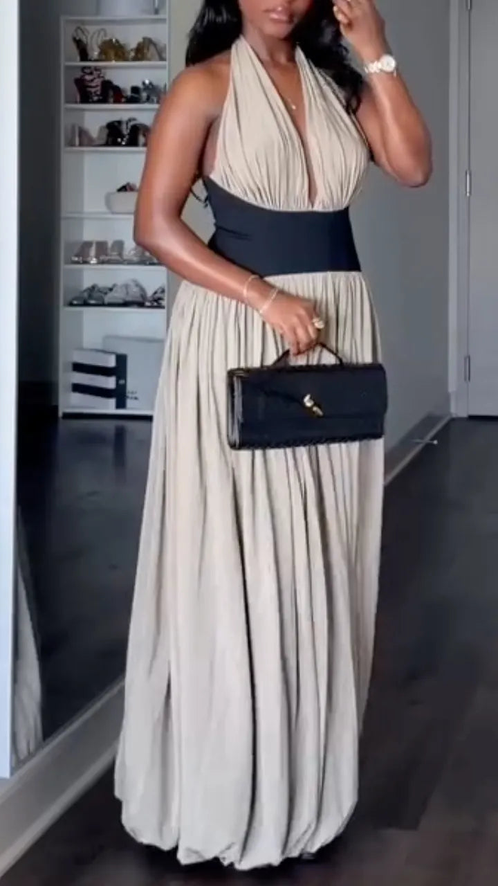 Beige Black Color Block Halter Neck Maxi Dress