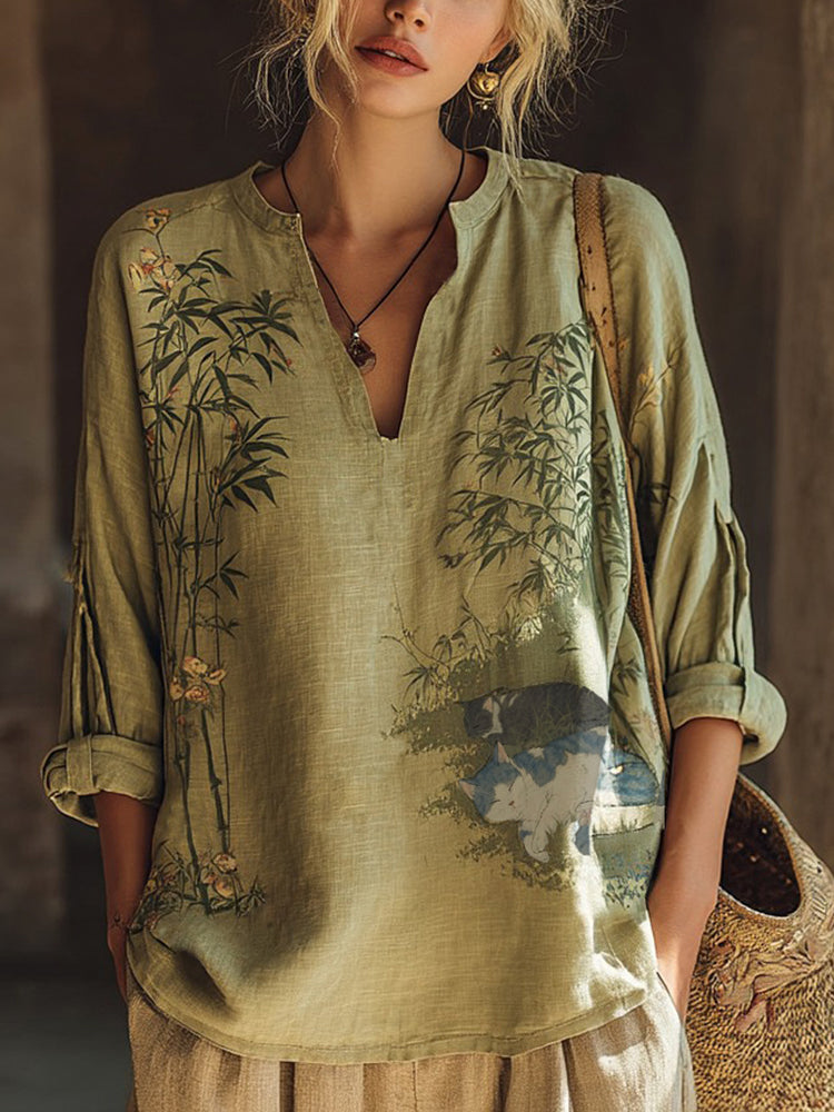 Women's Lazy Cat Under The Bamboo Print Comfy Top