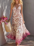 Elegant Retro White Gradient Leopard Print Chiffon Spaghetti-Strap Maxi Dress