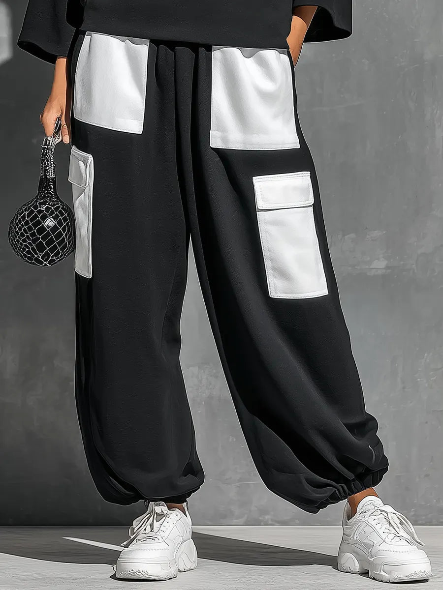 Women’s Black French Terry Oversized High Neck 3/4 Sleeve Sweatshirt & Elastic Cuff Color Block White Patch Pocket Jogger Cargo Pants Two Piece Tracksuit Set MDZ0696G6YZJ