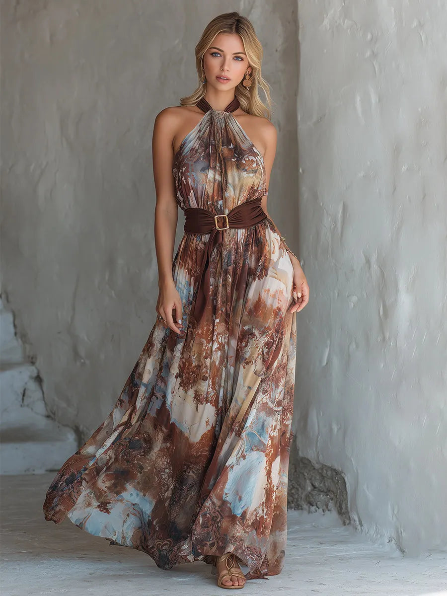 Chic Vacation-Style Brown Impression-Print Chiffon Halter Sleeveless Maxi Dress