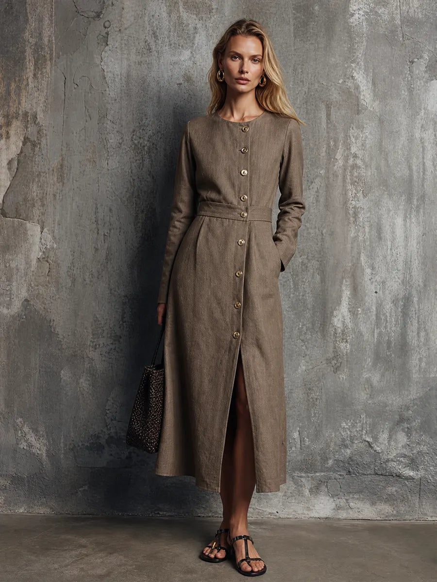 Women's Light Luxury Style Brown Cotton Linen Round Neck Long Sleeve Single-Breasted Slit Midi Dress MDZ0609G3GMJ