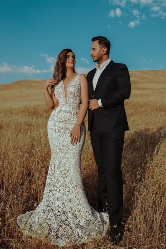 Daisda Empire V Neck Lace Wedding Dress Mermaid With Beadings