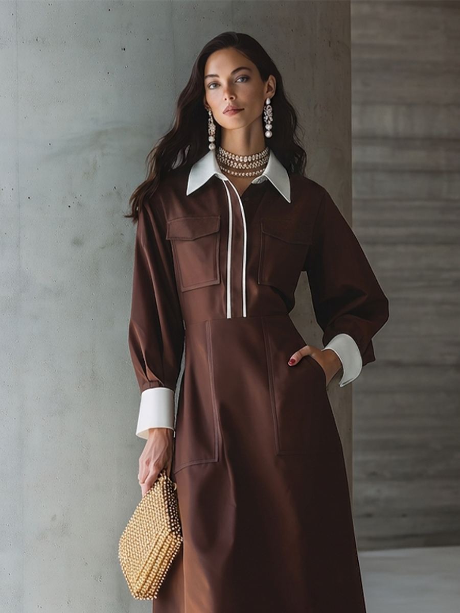 Women's Chocolate Brown Cotton Midi Shirt Dress With Contrast White Collar Cuffs & Double Chest Patch Pockets, Elegant Office Waisted Midi Dress MDZ1415G0LYL
