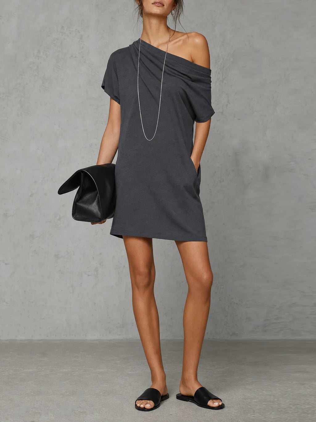 Women's Minimalist Stretch Knit One-Shoulder Short-Sleeve Straight-Cut Mini Dress MDZ3019F1WY