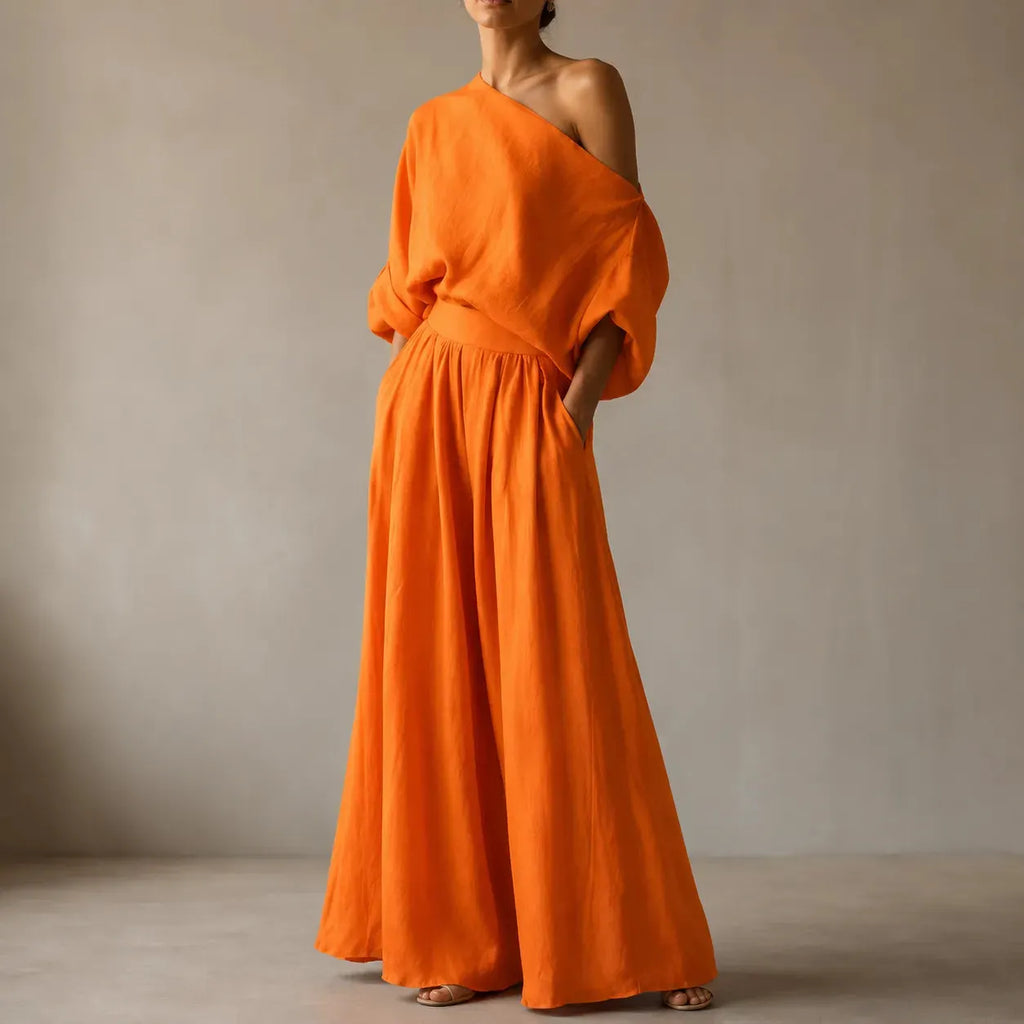 Solendra – Coordinated One-Shoulder Top and Flowing Wide-Leg Pants