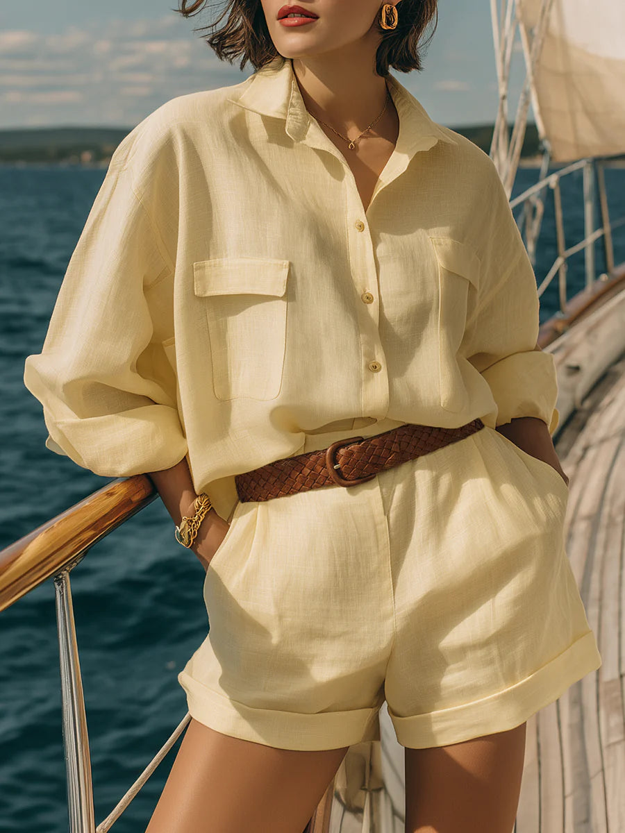 Vacation-style yellow long-sleeved shirt and shorts set(Included belt)