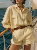 Vacation-style yellow long-sleeved shirt and shorts set(Included belt)