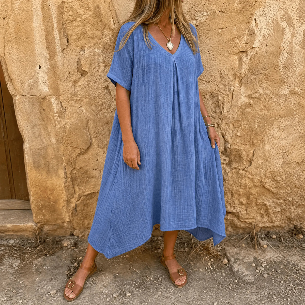 Linara – Women's Breezy Cotton Linen V-Neck Dress