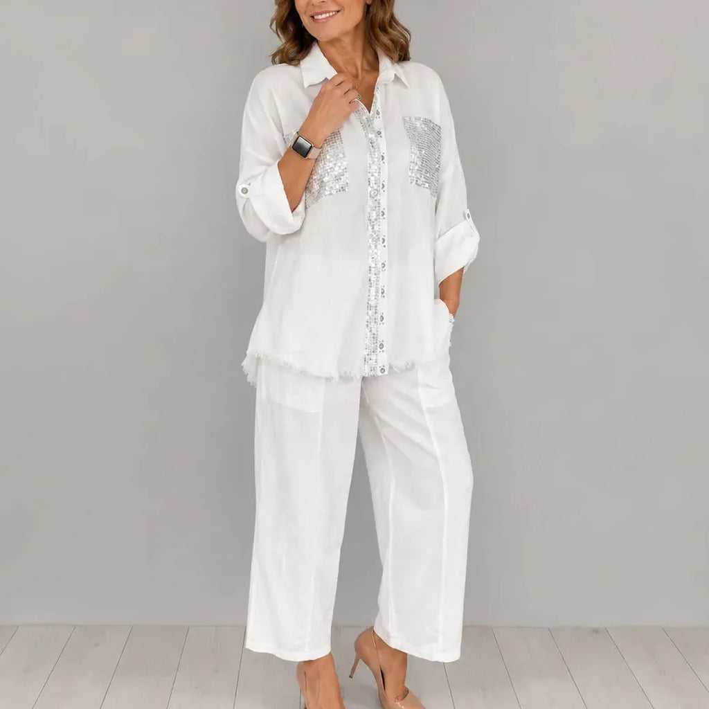 Solencia – Shimmer Pocket Shirt and Wide-Leg Pants Set
