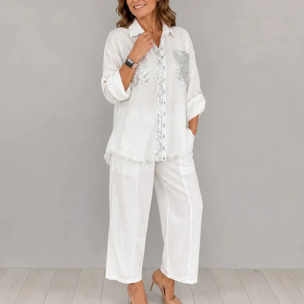 Solencia – Shimmer Pocket Shirt and Wide-Leg Pants Set