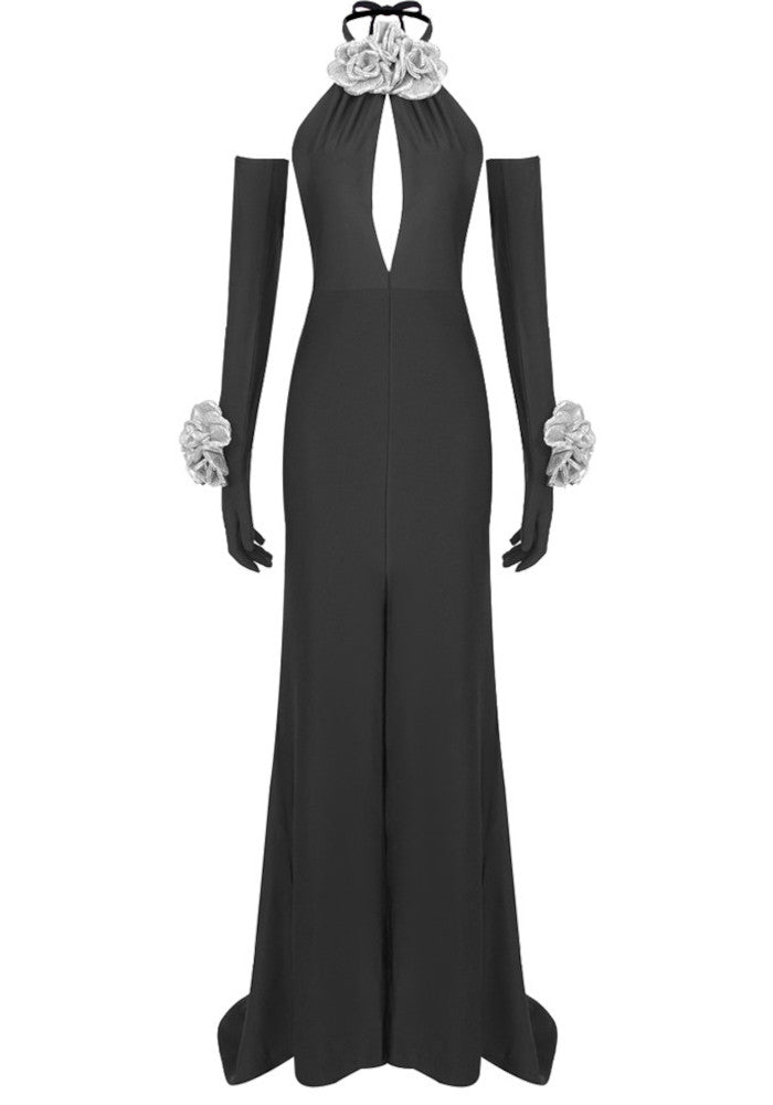 Halter Sparkly Floral Maxi Dress Black