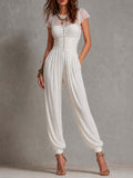 White Knit Chiffon-Paneled Sleeves Jumpsuit With Cinched Waist