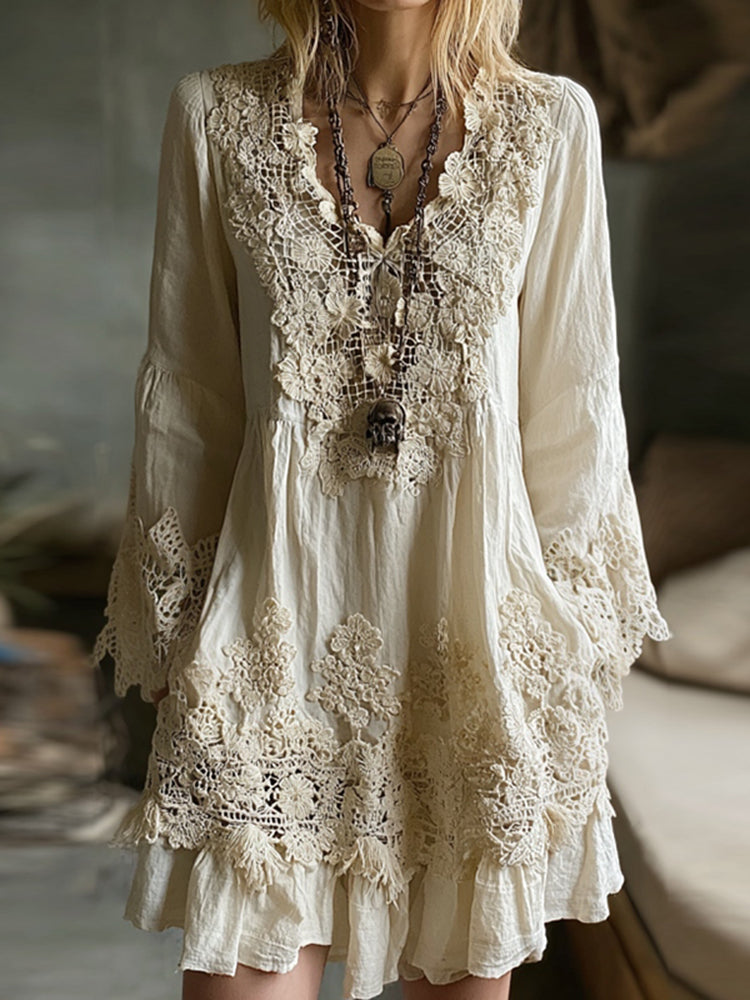 Women's Vintage Lace Floral Art Linen Midi Dress