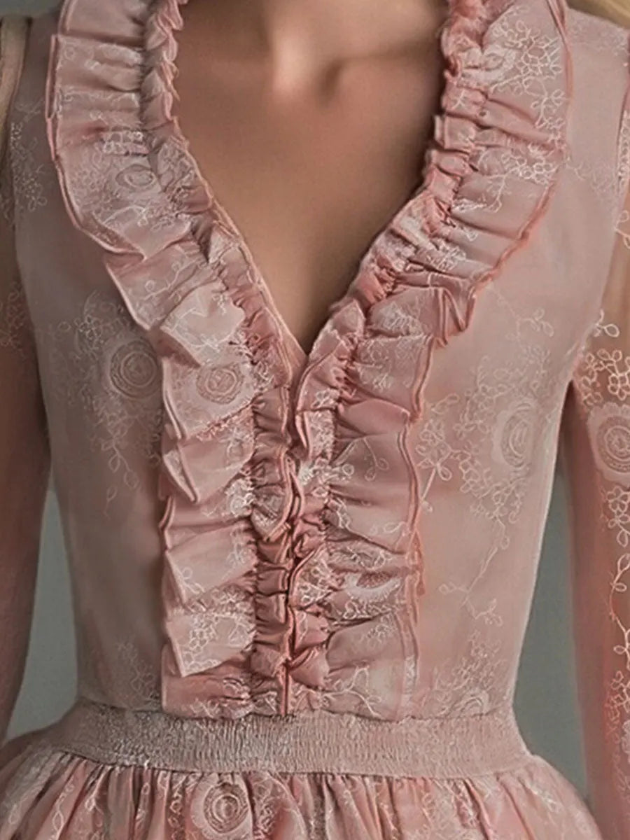 Elegant Pink Chiffon Lace Ruffled Shirt