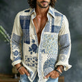 Men's Vintage Texture Embroidered Art Print Flowy Linen Blend Shirt