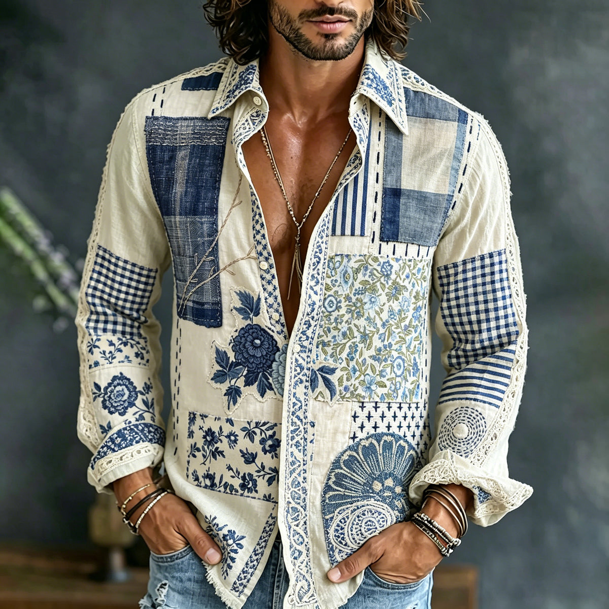 Men's Vintage Texture Embroidered Art Print Flowy Linen Blend Shirt