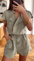 Distressed Military Green Denim Workwear Romper with Lapel Collar