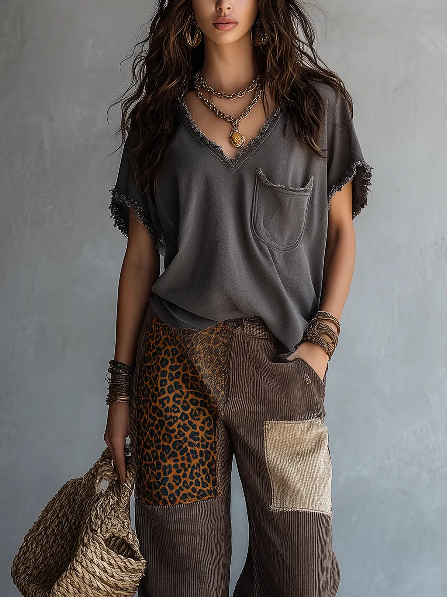 Urban Boho Washed V-Neck Frayed Edge Top