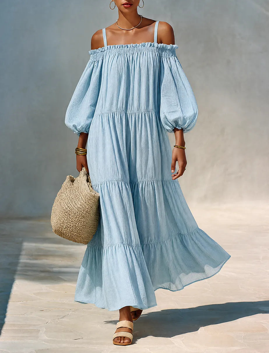 Women's Minimalist Solid Light Blue Linen Off-Shoulder Maxi Dress With Tiered Ruffles MDZ0792G6ZRK