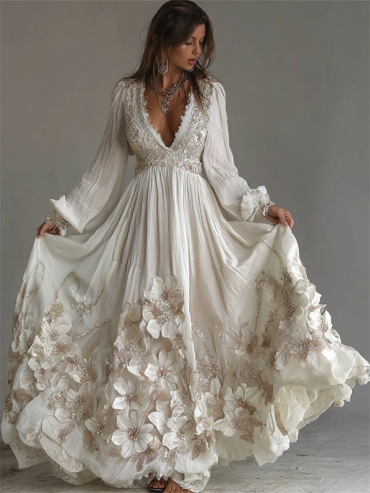 Classy Glitter Flowers Lace Linen Maxi Dress