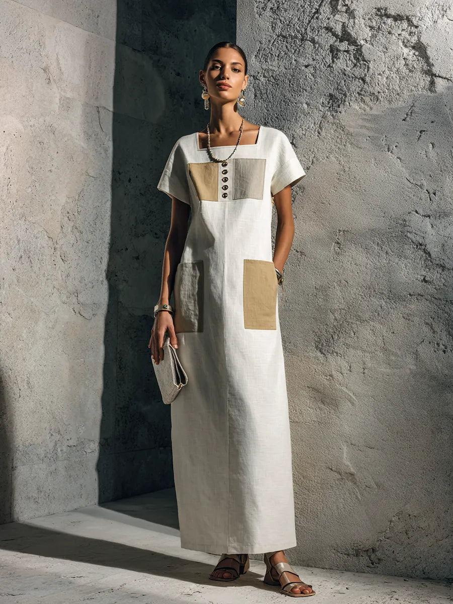 Women's Minimalist Style Off-White Linen Cotton Square Neck Short Sleeve Patch Pocket Maxi Dress MDZ3055F9GMJ