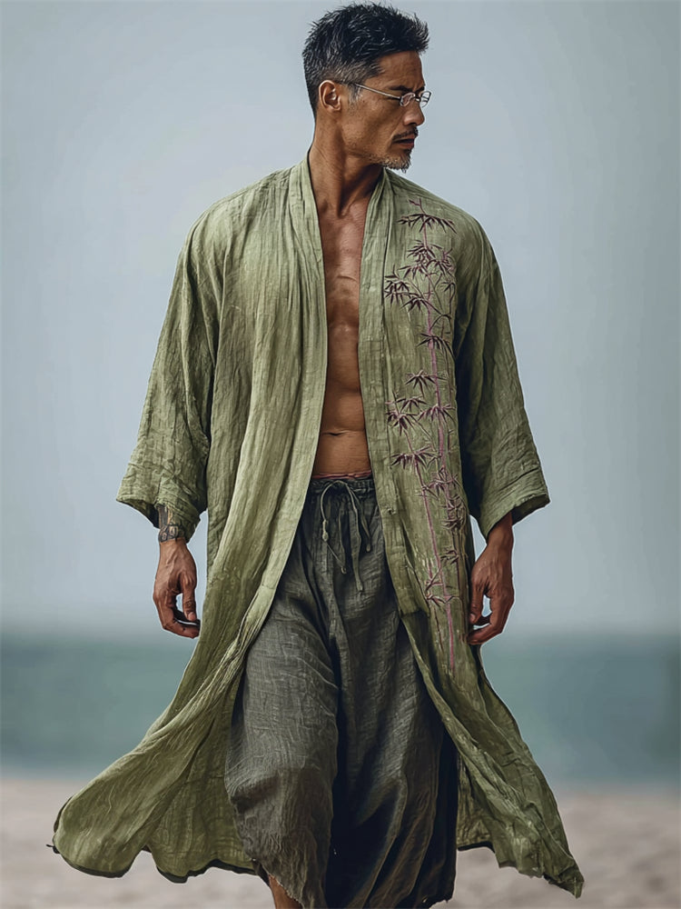 Men's Japanese Bamboo Inspired Flowy Linen Long Kimono