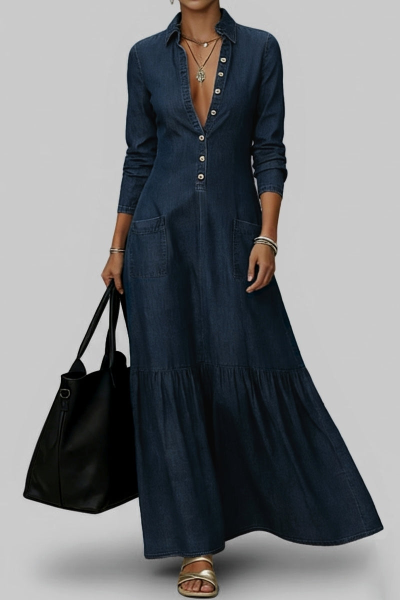 Women's Casual Shirt Collar Long Sleeve Pocket Single Breasted Denim Maxi Dress
