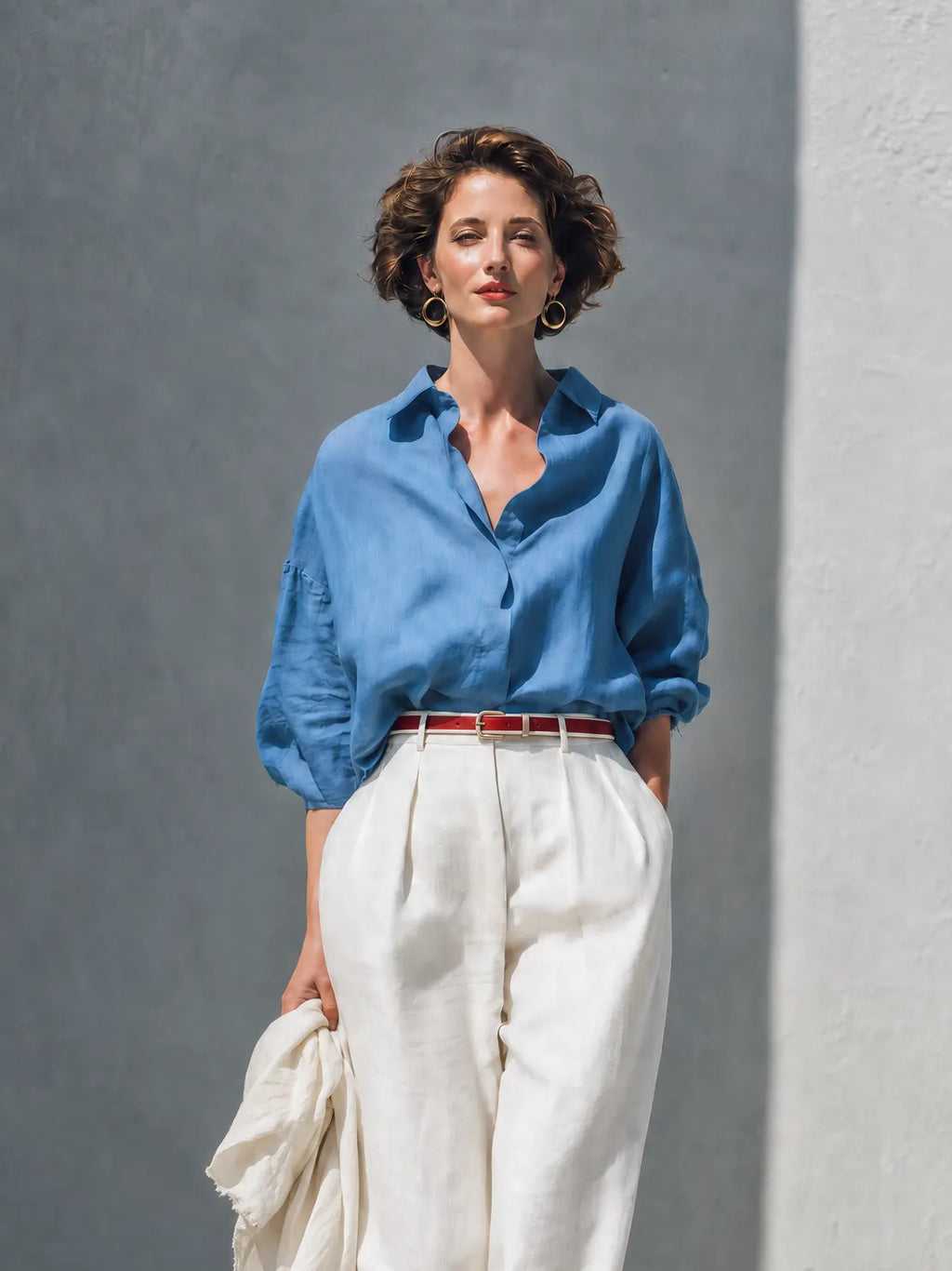 Women's Casual Linen Blend Two-Piece Set — Dusty Blue Oversized Collared Long Sleeve Shirt & Ivory High-Waisted Wide-Leg Trousers MDZ0345G8O