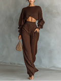 Women's Coffee-colored Short Top And Wide-leg Pants Knitted Set MDA3000G6T