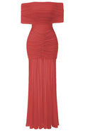 Ruched Bardot Maxi Dress Red