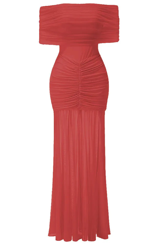 Ruched Bardot Maxi Dress Red